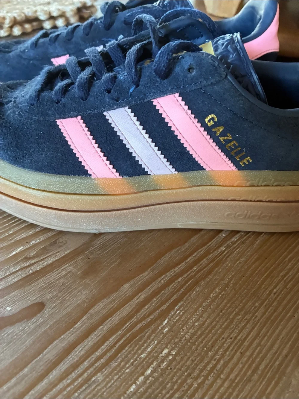 adidas Kids Navy Suede Sneakers with Pink Stripes and Gum Sole